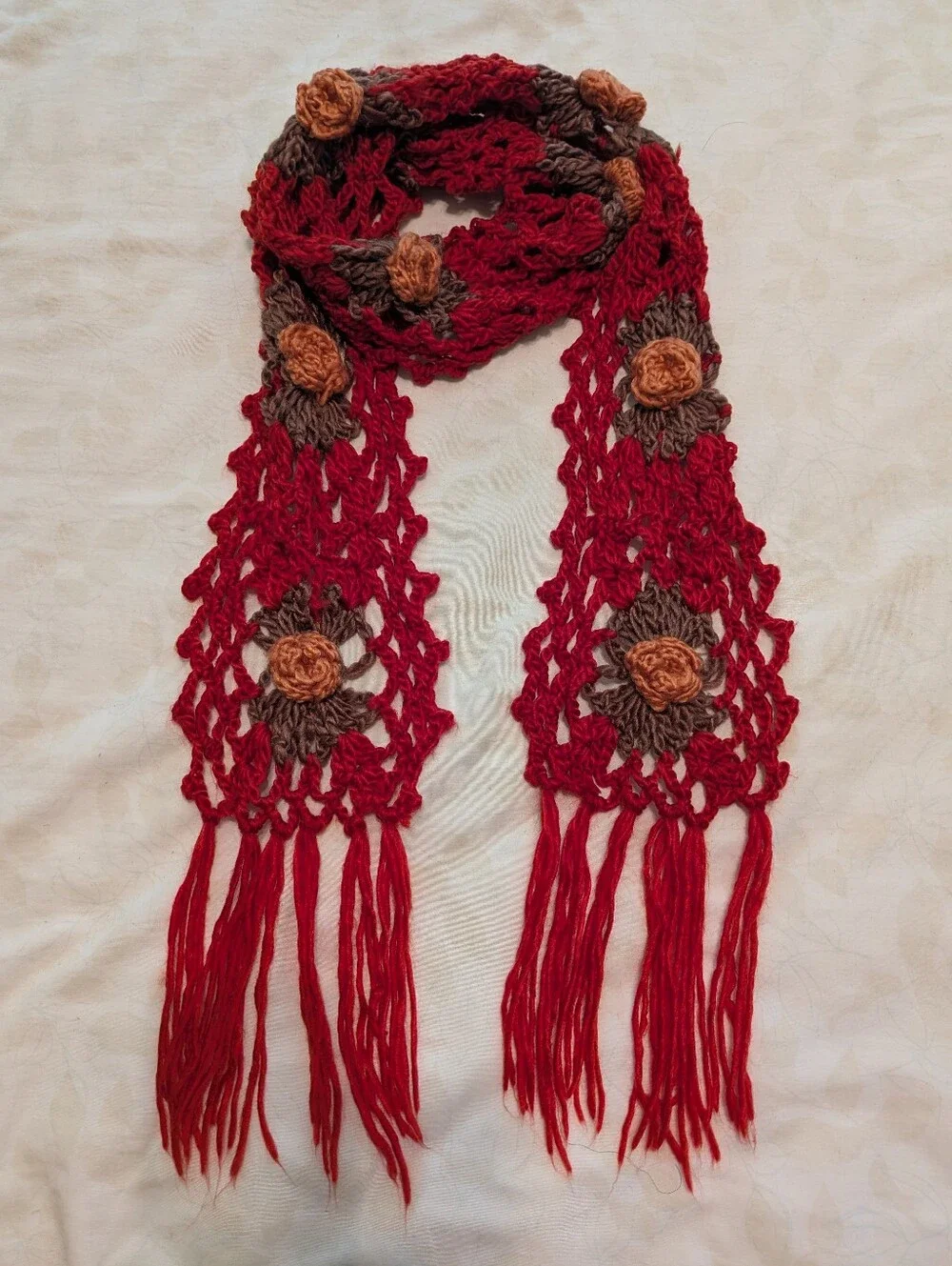 Beautiful Handmade red and brown crocheted scarf